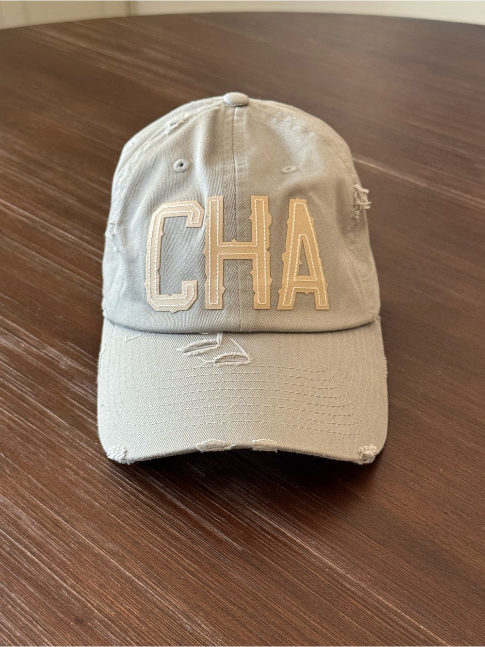 KBETHOS Distressed CHA Baseball Cap in Light Gray with Cream Embroidery